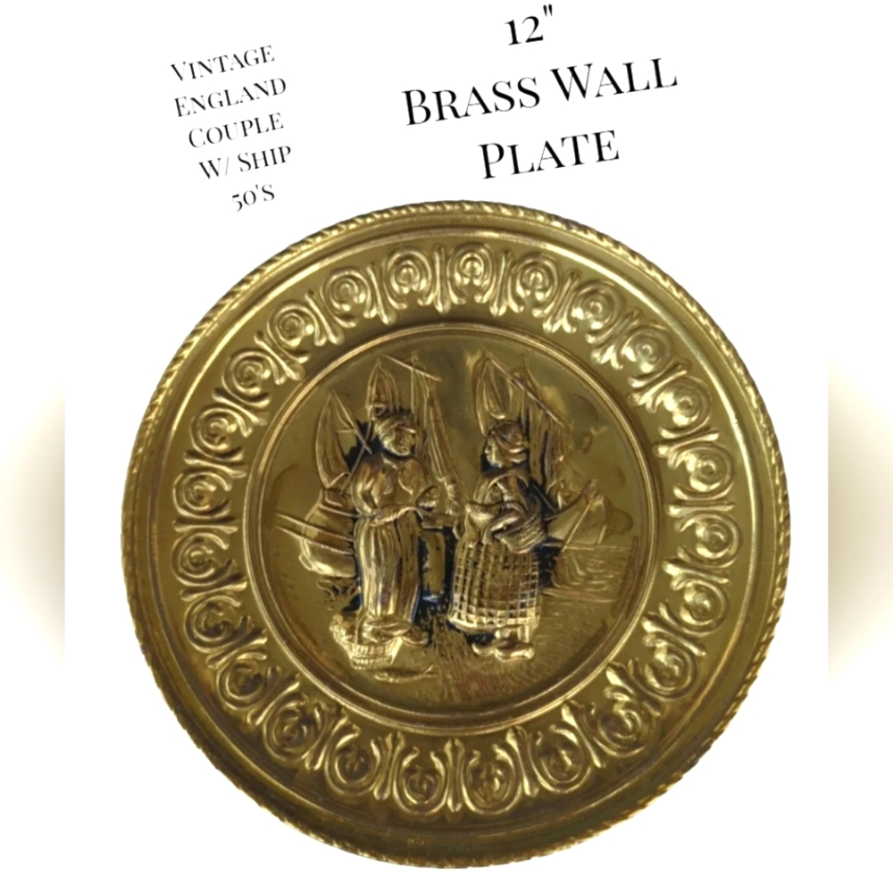 Vintage Old World BRASS English Couple/Ship Wall Hanging Plate 12" Antique 50s